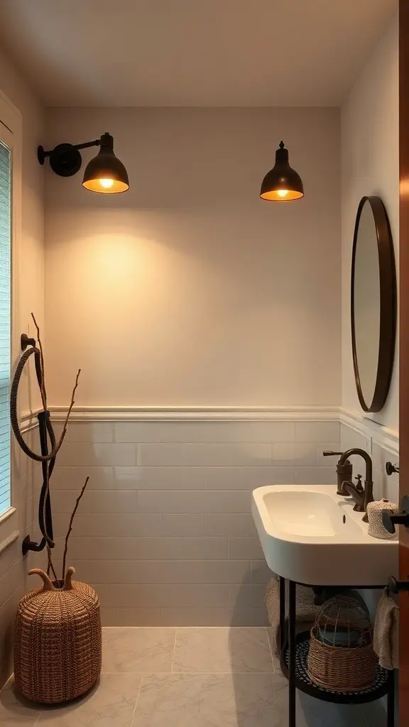 A cozy bathroom featuring stylish black lighting fixtures, a round mirror, and a sleek sink.