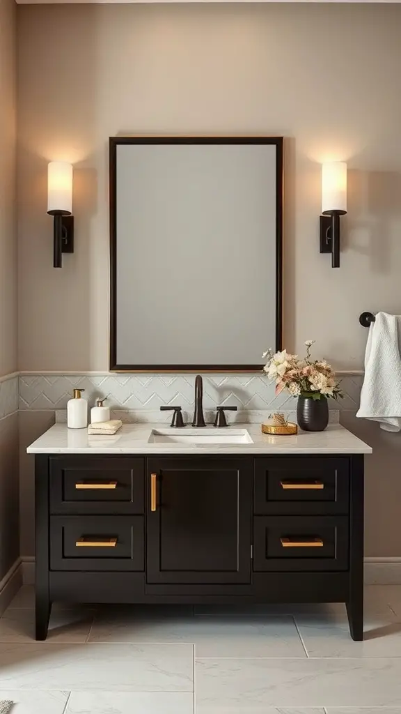 A stylish bathroom vanity featuring dark chocolate cabinetry with brass hardware and light marble countertops.
