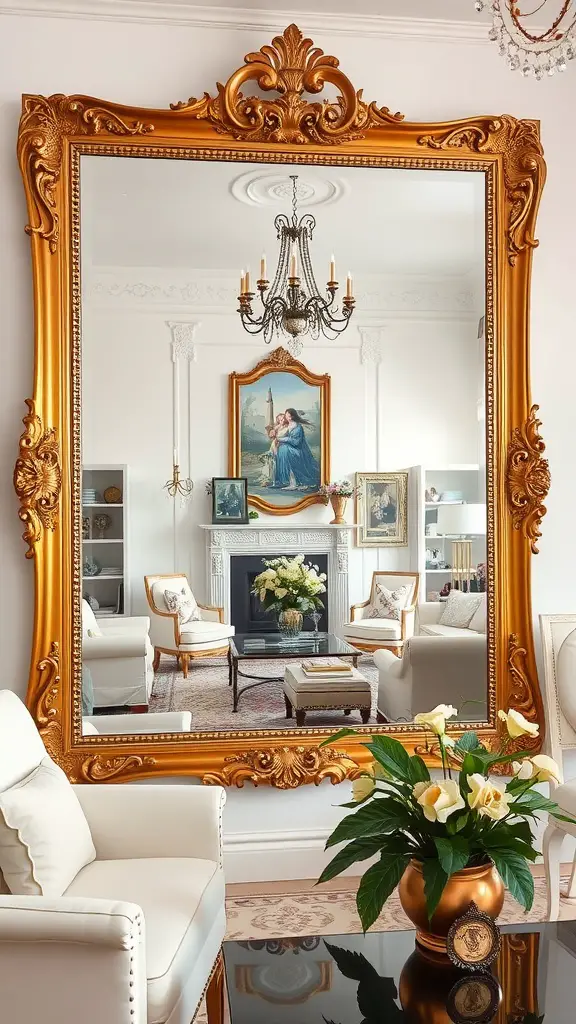 Elegant living room featuring a sophisticated gold framed mirror, white furniture, and decorative elements.