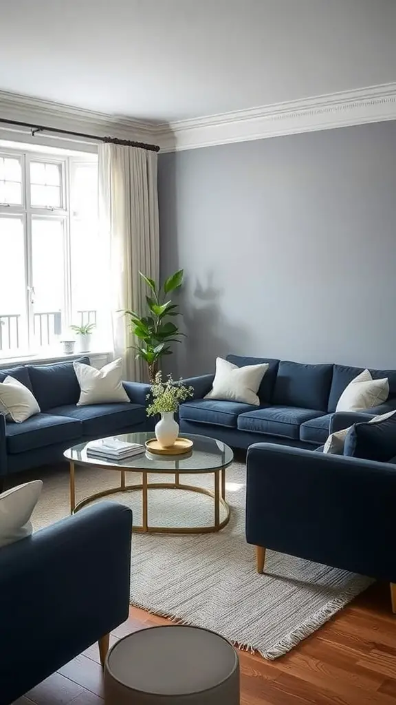 A living room with navy blue upholstered sofas and cream pillows, a glass coffee table, and plants.