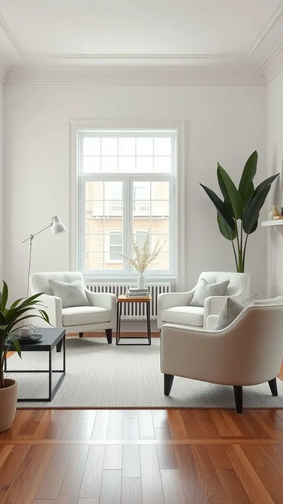 A cozy living room featuring two white accent chairs, a small side table, and a tall plant by the window.