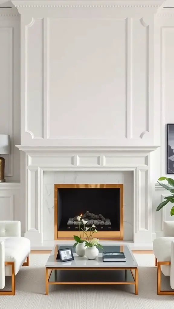 White fireplace with gold trim in a stylish living room