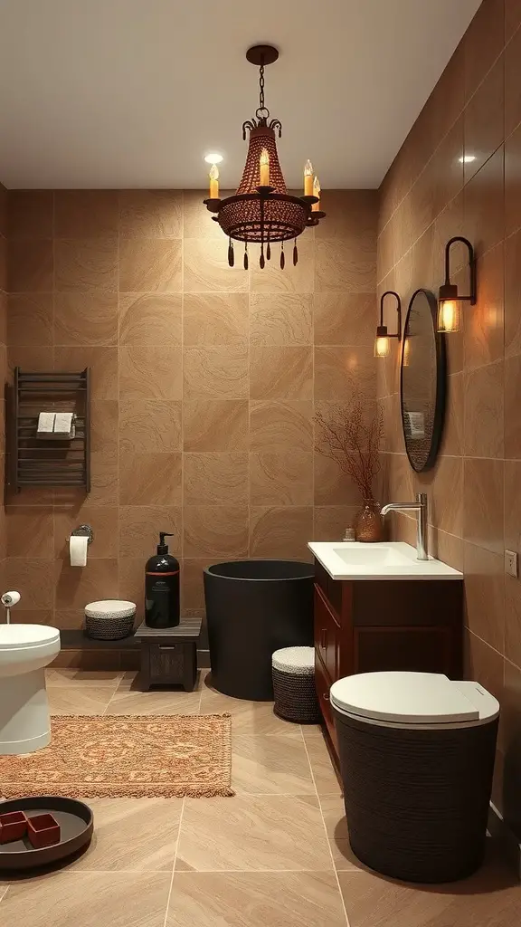 A cozy bathroom with chocolate brown decor, featuring a black freestanding tub, wooden vanity, and warm lighting.