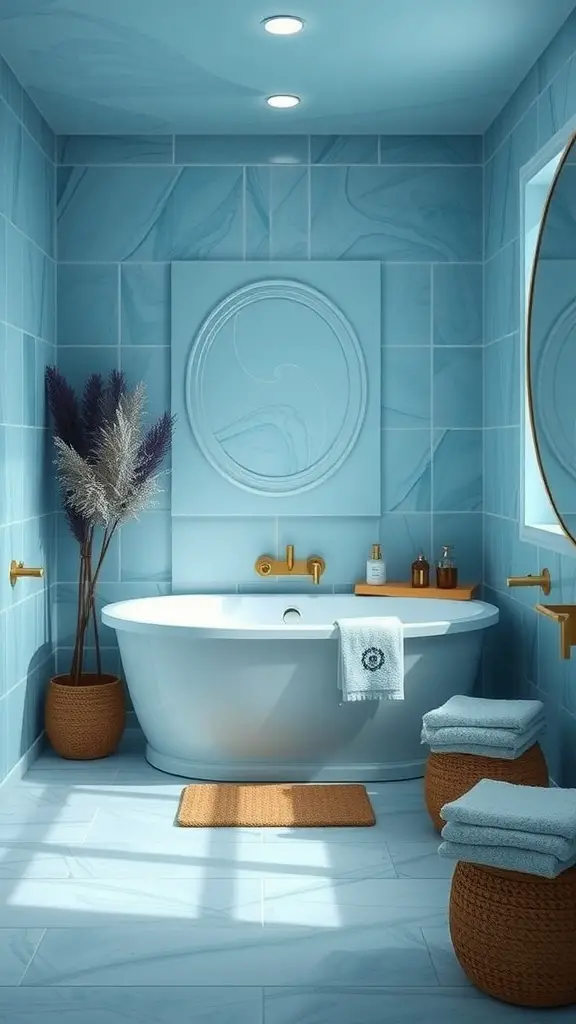 A serene bathroom with a blue tiled wall, white bathtub, and chocolate accents.