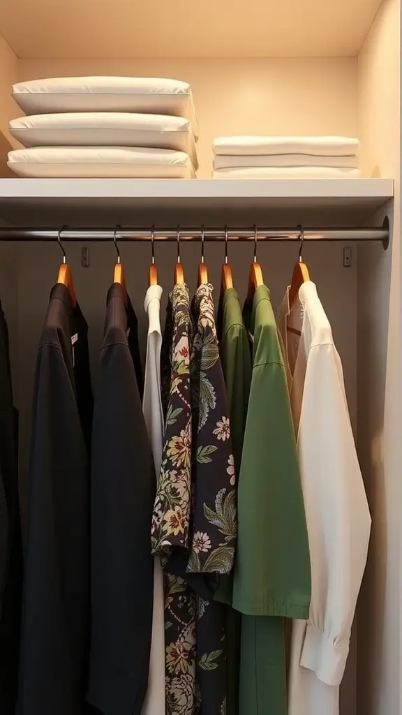 Neatly arranged clothing on a space-saving hanger in a closet