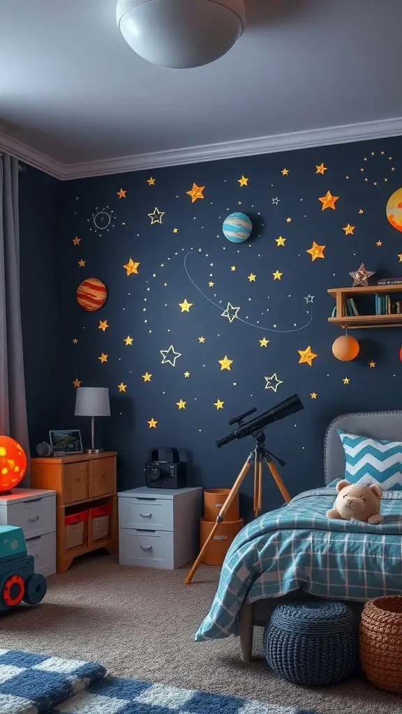 A space-themed bedroom with dark blue walls, stars, and planets decor, a telescope, cozy bed, and playful storage.