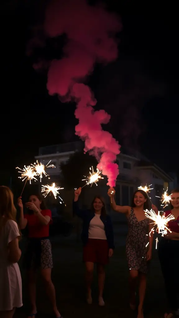 Group of people holding sparklers, with pink smoke in the air, celebrating a gender reveal