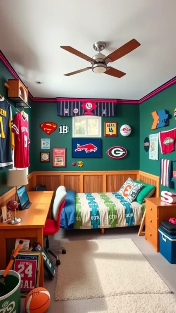 A vibrant sports-themed bedroom featuring team jerseys, memorabilia, and a cozy bed.