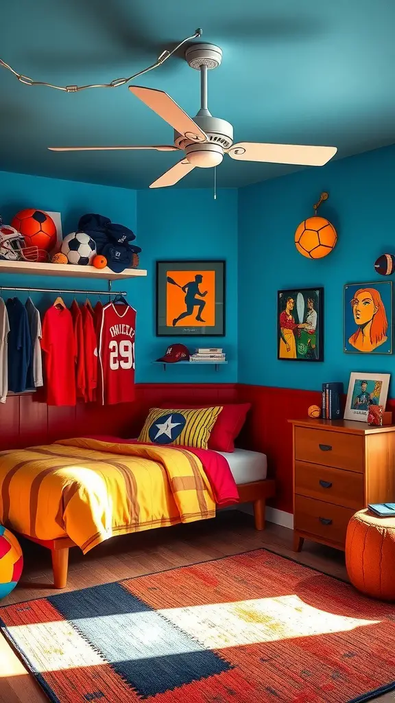 A vibrant and sporty bedroom featuring a colorful bedspread, sports memorabilia on the walls, and an orange rug resembling a basketball court.