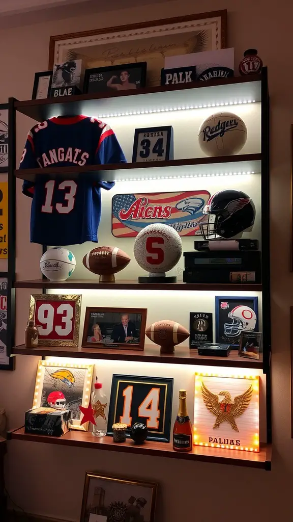 A sporty memorabilia display featuring jerseys, baseballs, and a football helmet on a shelf.