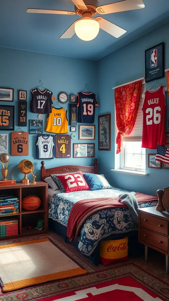 A teen boy's bedroom decorated with sports team memorabilia, including jerseys on the walls, trophies, and a basketball.