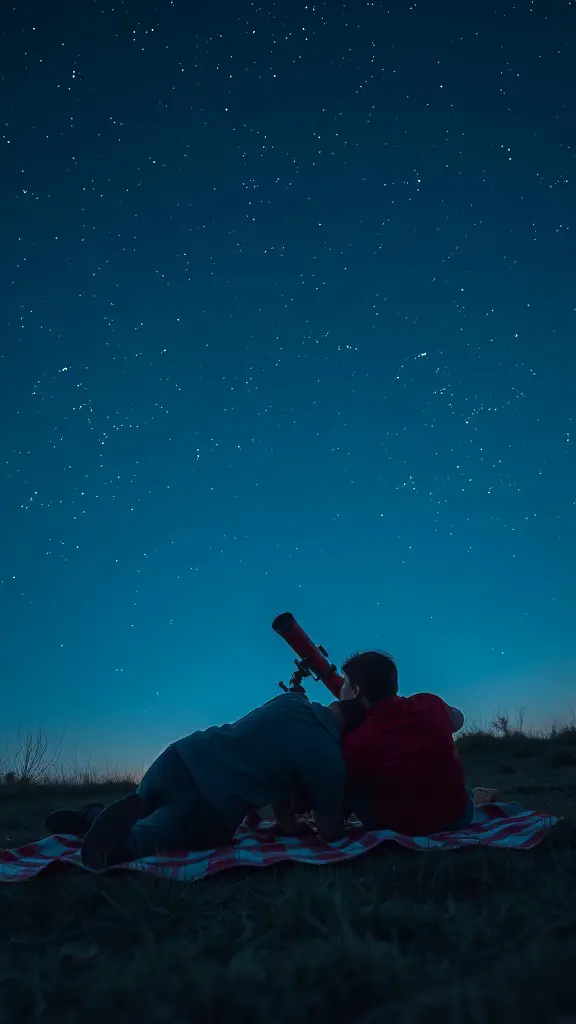 Two people stargazing with a telescope at night, lying on a blanket under a starry sky.