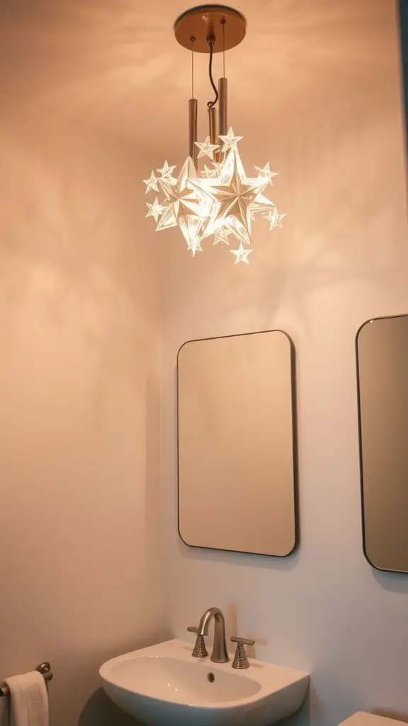 A star-shaped light fixture illuminating a bathroom with soft, warm light, creating shadow patterns on the walls.