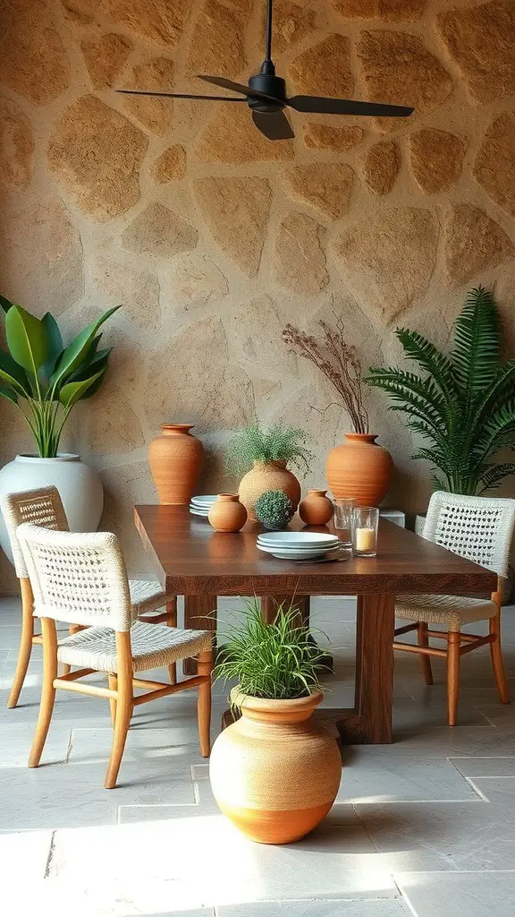 A cozy dining area featuring a wooden table, comfortable seating, and plants, creating a soothing atmosphere.