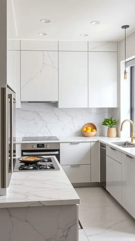 A modern kitchen featuring marble countertops and backsplash, sleek cabinetry, and a warm fruit basket.