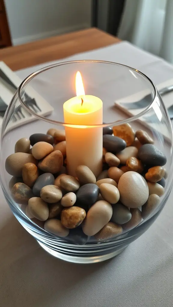 A decorative centerpiece made of stones and a candle on a wooden table.
