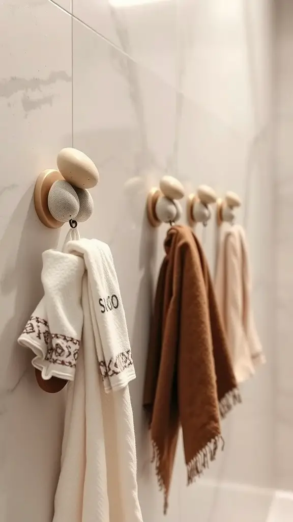 Towel hooks designed to look like natural stones on a bathroom wall.