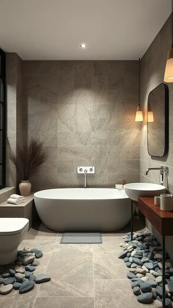 A serene bathroom with a freestanding tub, stone walls, and pebbles on the floor.