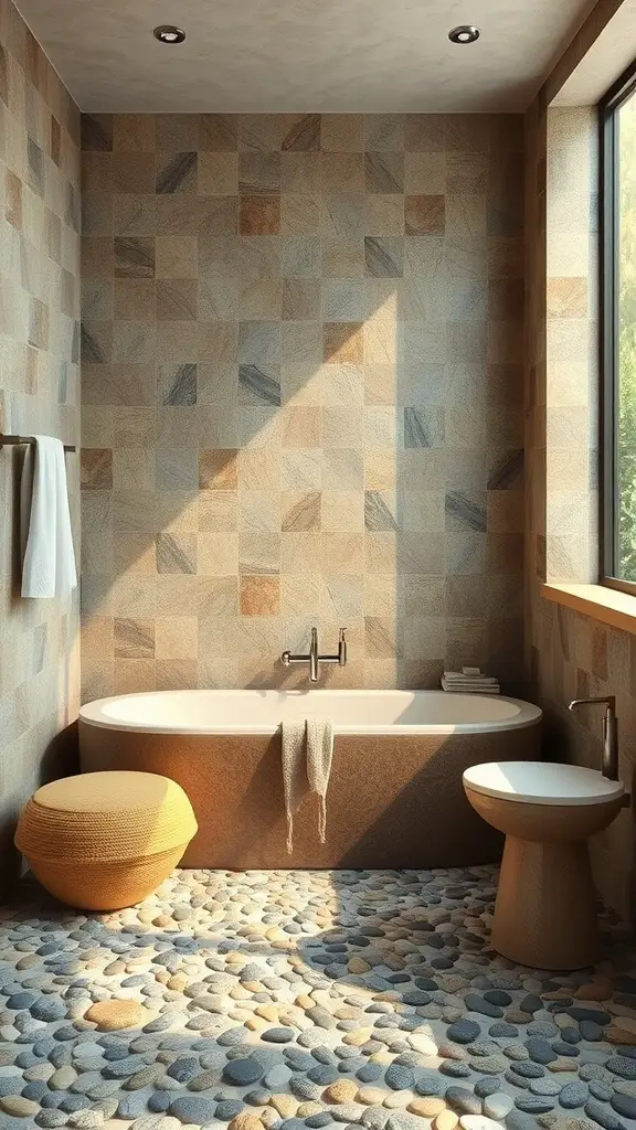 A serene bathroom featuring a pebble floor and a white bathtub, with natural light highlighting the textures.