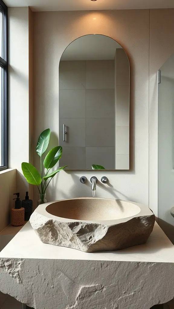 A stylish stone basin sink in a modern bathroom setting with a plant and minimalist decor.
