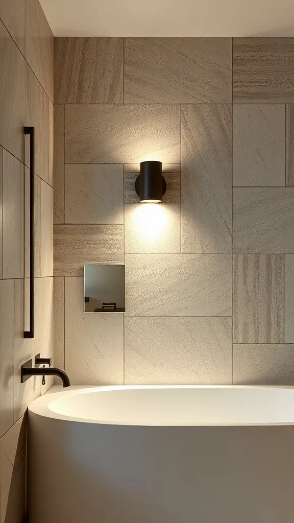 Bathroom with stone texture wall and a warm wall light above a bathtub