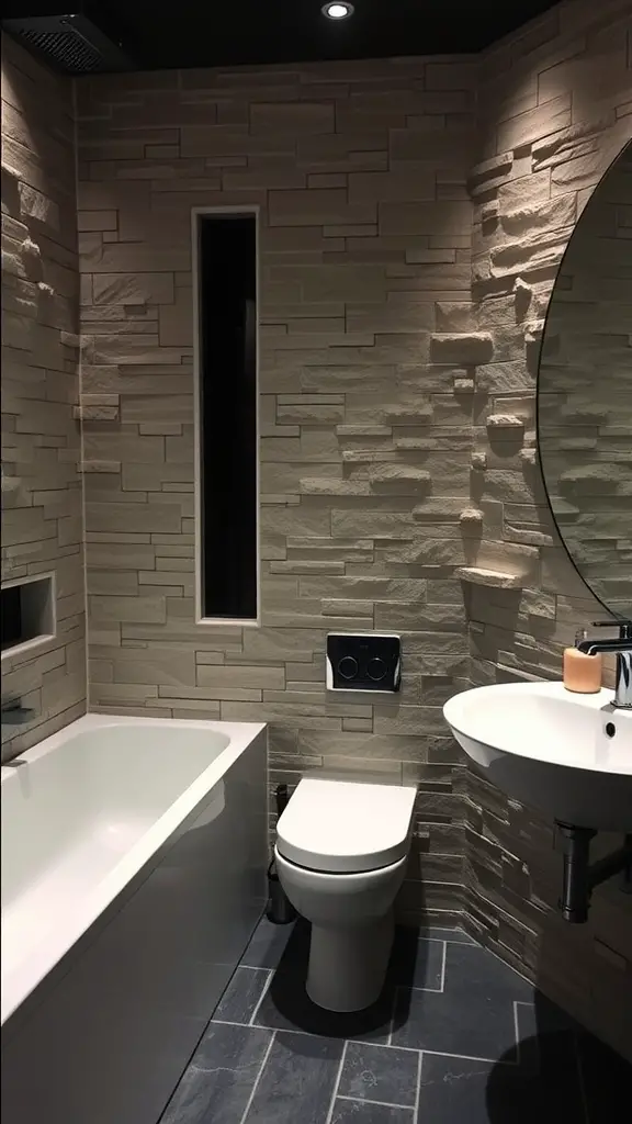 A modern bathroom featuring stone-textured walls, a freestanding tub, black accents, and warm lighting.