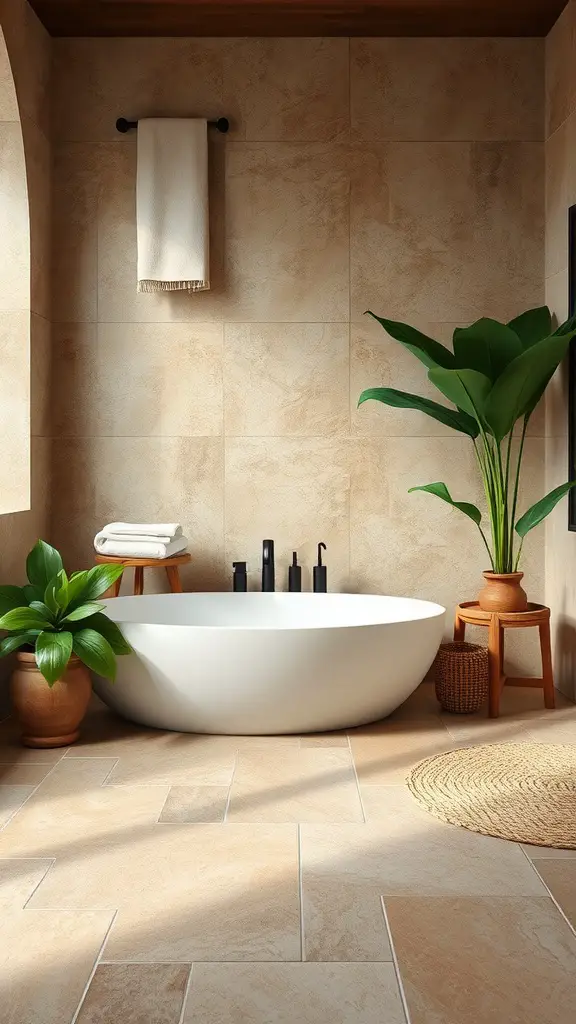 A cozy Jack and Jill bathroom featuring stone tile flooring in neutral tones, with plants and art on the walls.