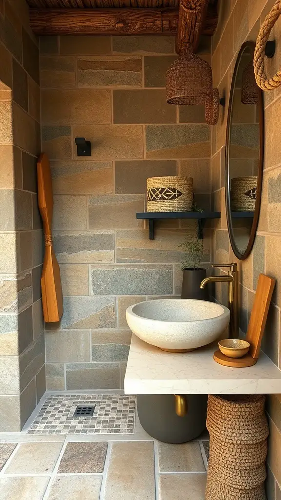A bathroom featuring stone tile surfaces with earthy tones, a bowl sink, and natural decor elements.
