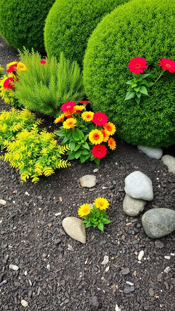 Colorful flowers and shrubs with dark mulch and stones in a well-arranged garden