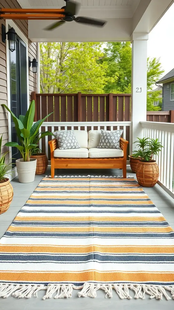 A porch featuring a striped outdoor rug in navy blue, white, and mustard yellow, with a wooden bench and potted plants.