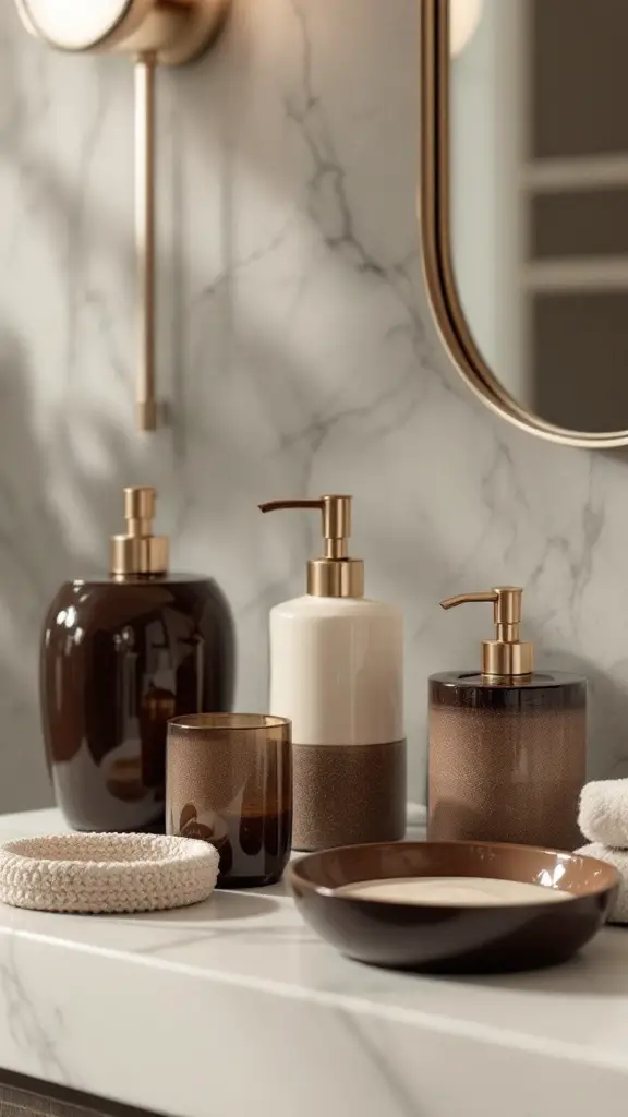 A collection of stylish brown and cream bathroom accessories arranged on a countertop.