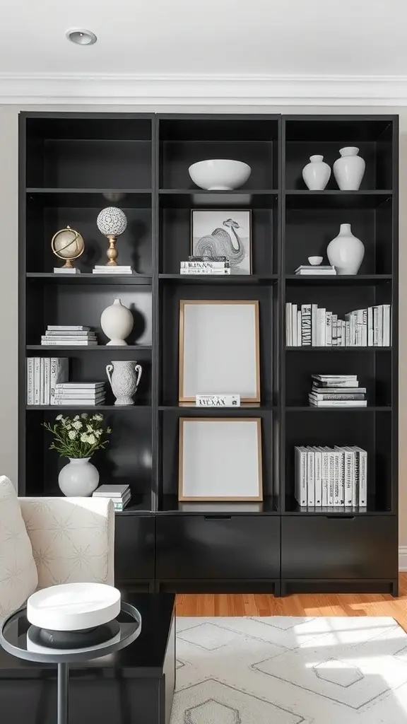 Stylish black bookshelves with decorative items and books
