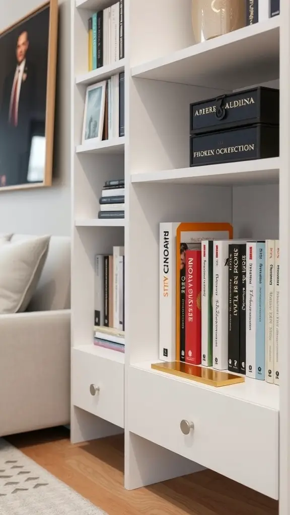 Stylish gold bookends holding books on white shelves