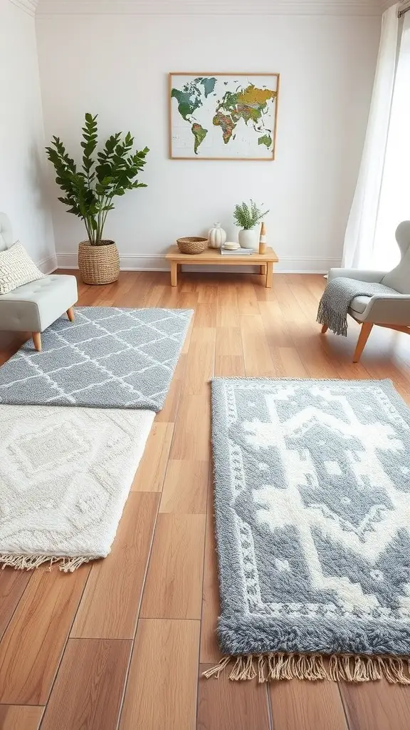 Stylish grey and white throw rugs in a cozy living room setting