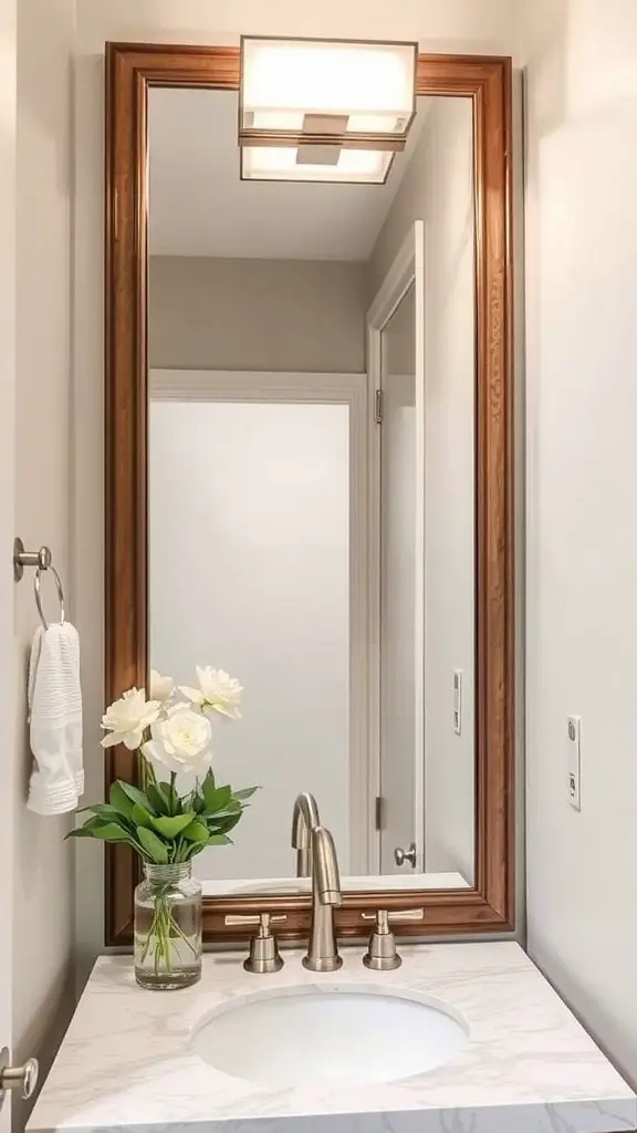 A modern half bathroom featuring an oval mirror above a sink, with warm-toned walls and natural light.