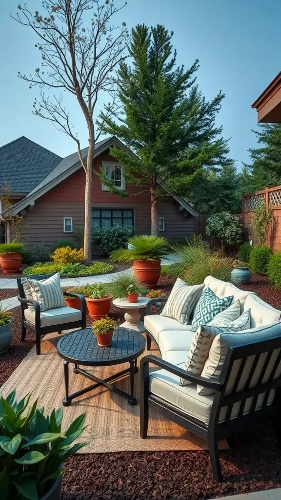 Cozy outdoor seating area with stylish furniture and potted plants