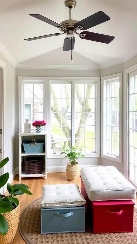 Stylish rattan and wicker furniture in a sunroom with large windows and plants.
