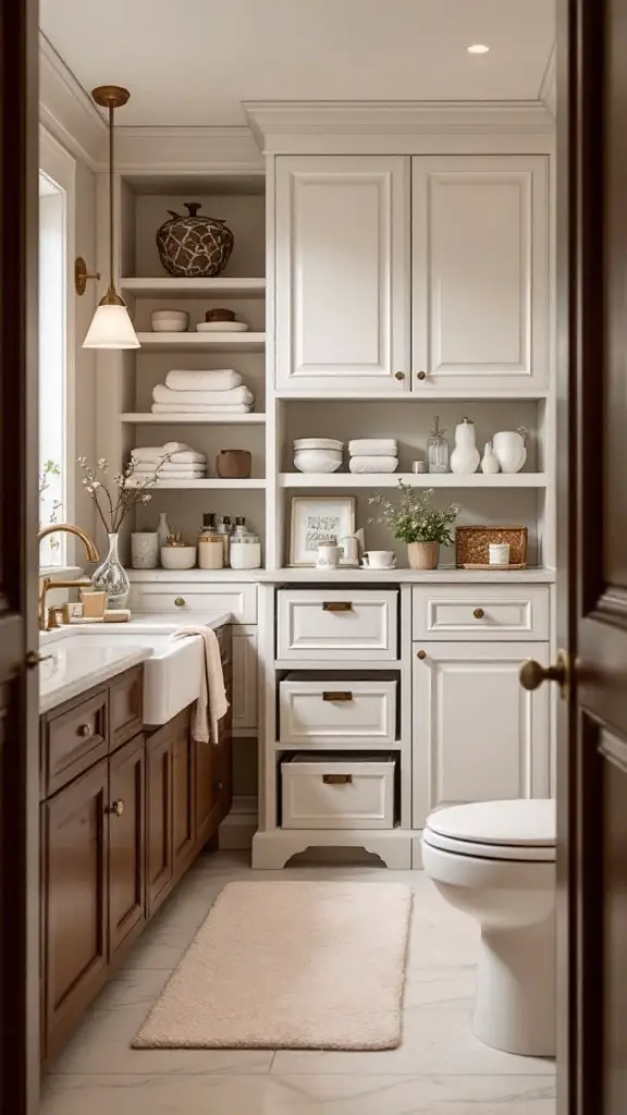A stylish bathroom featuring cream cabinetry, wicker baskets, and warm lighting.