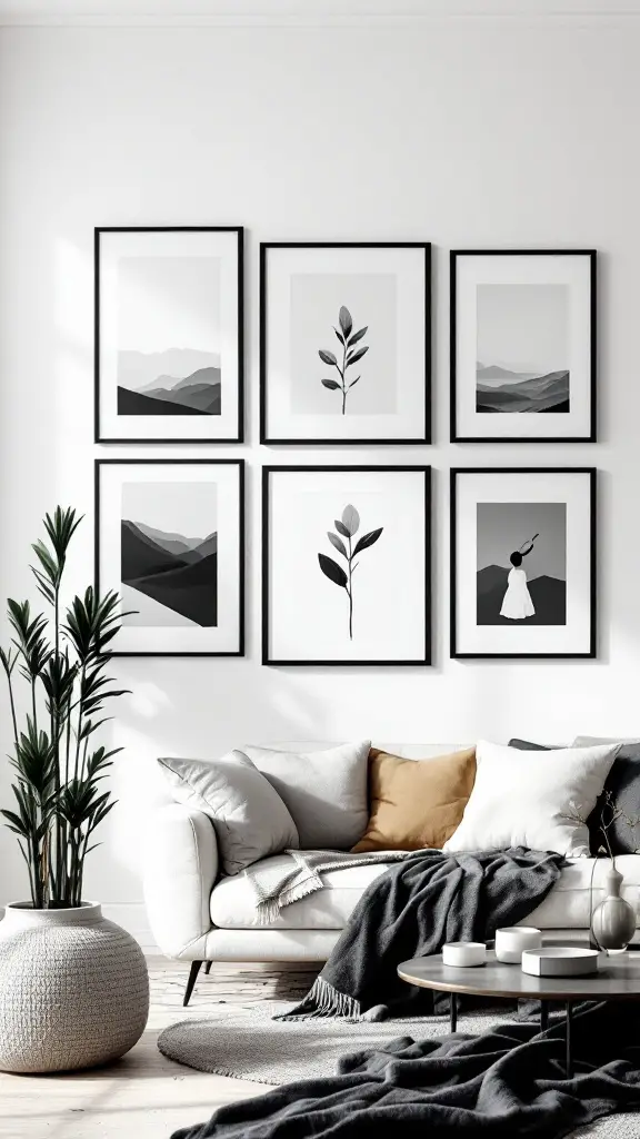 A wall with a collection of black picture frames arranged in various sizes, next to a white sofa and a green plant.