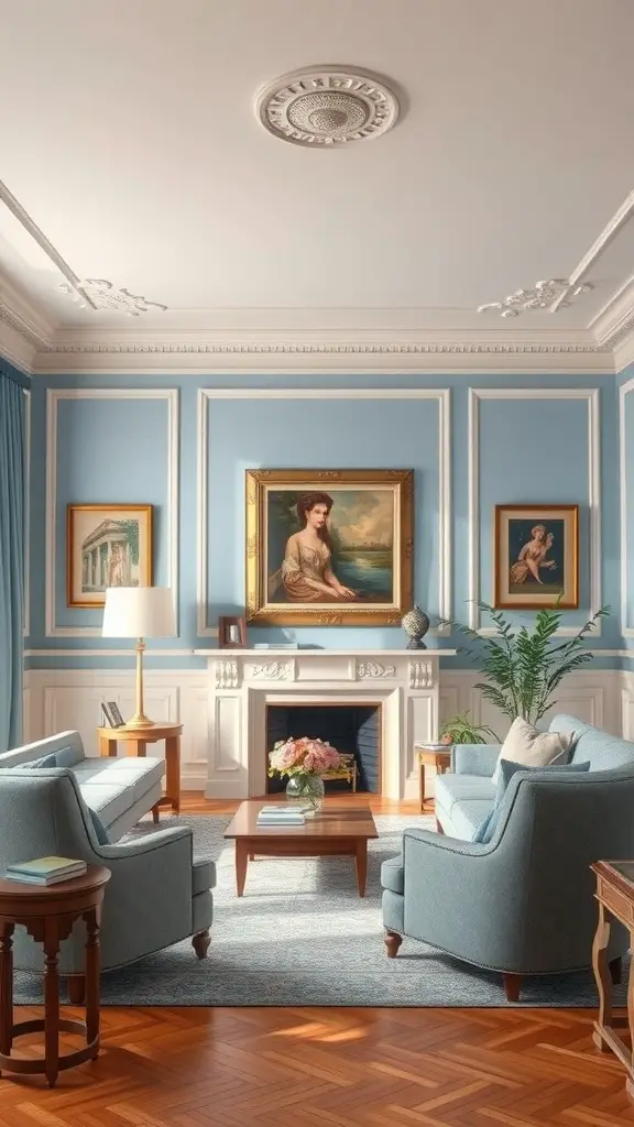 A living room with subtle blue walls, elegant furniture, and framed artwork