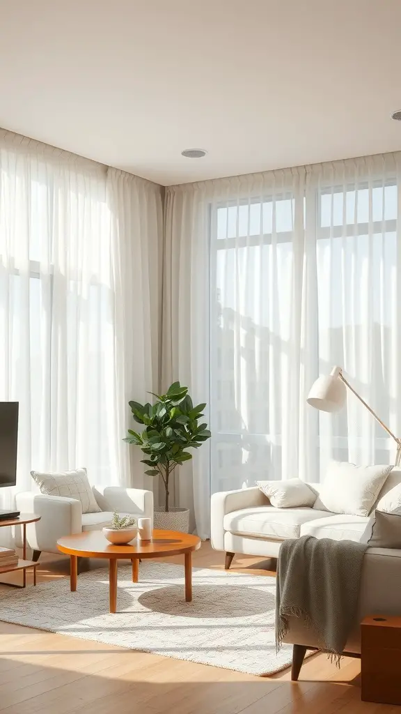 A bright living room featuring subtle patterned curtains, a cozy sofa, and a small coffee table, surrounded by natural light.