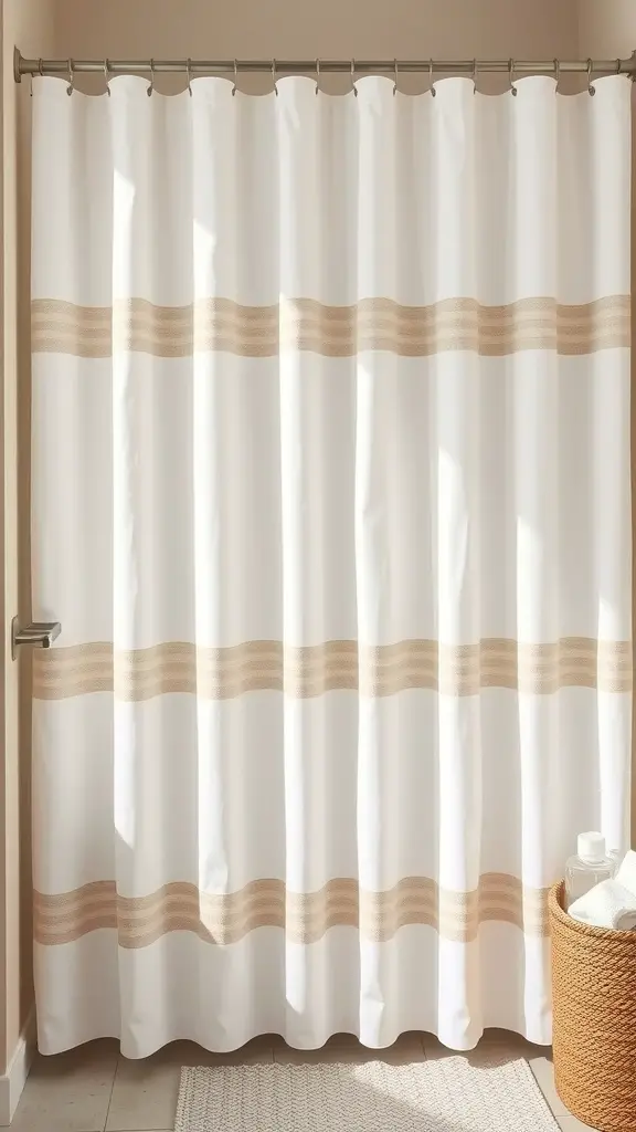 A bathroom with a white curtain featuring subtle beige stripes.