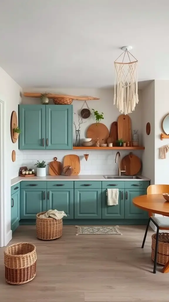 A kitchen with teal green cabinets, wooden accents, and bohemian decor.