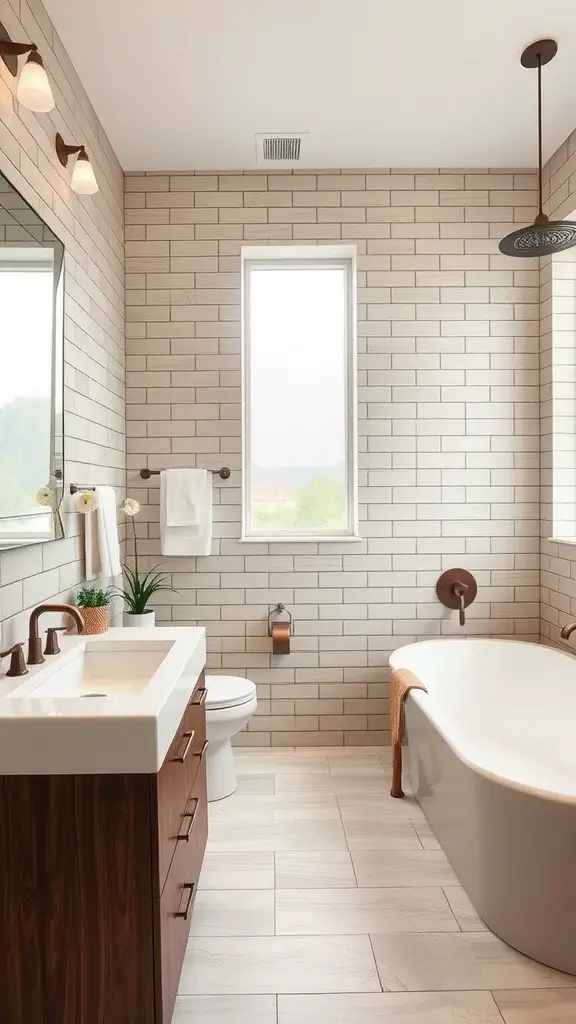 Stylish bathroom featuring white subway tiles, hanging plants, a round mirror, and minimalist decor.