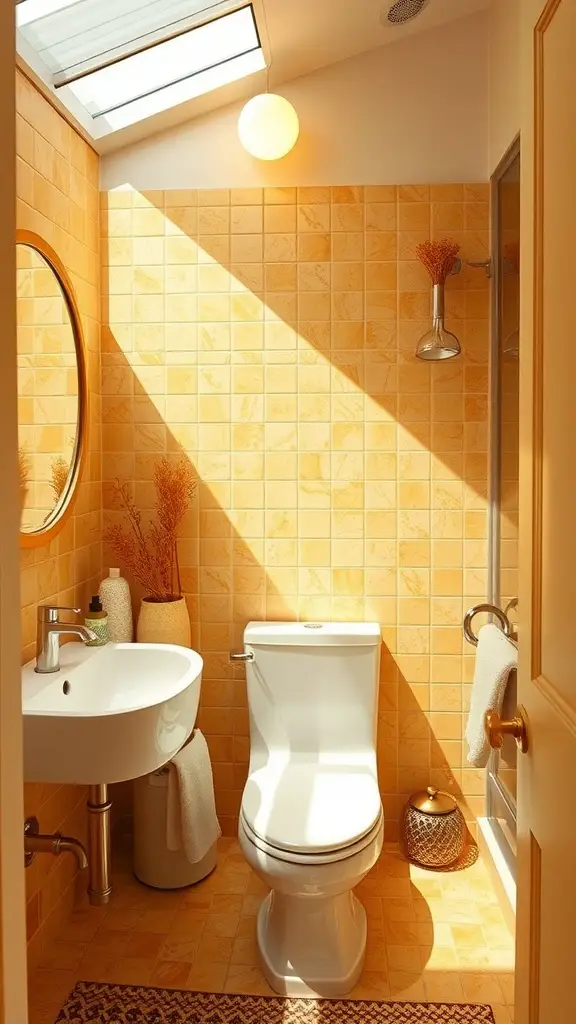 A bright bathroom with yellow walls, orange mats, and warm lighting