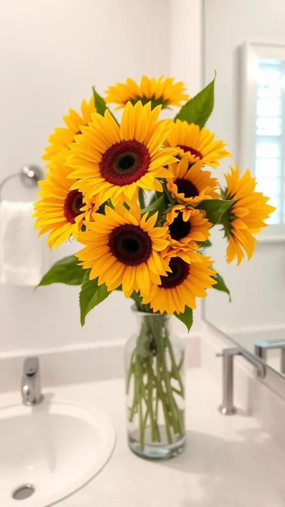 A bouquet of sunflowers in a clear vase on a bathroom vanity with a mirror in the background.