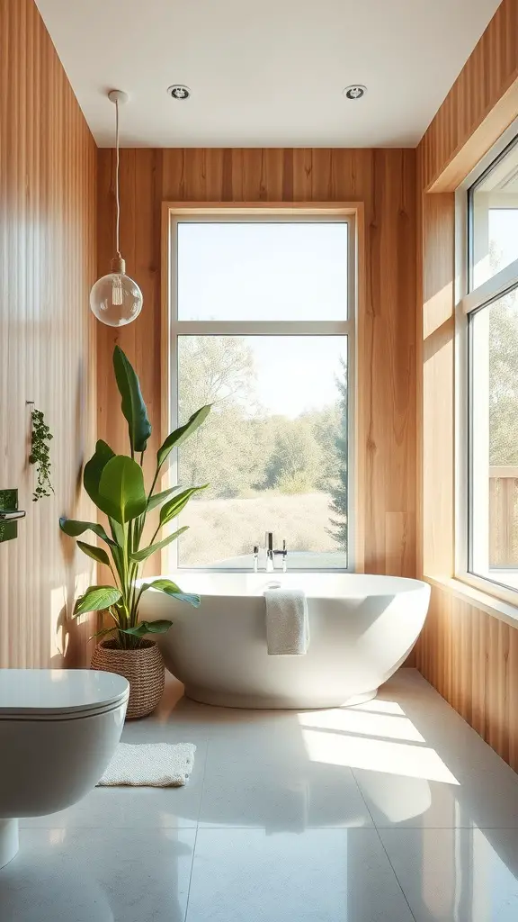 A bright bathroom featuring natural wood accents, large windows, and greenery for a fresh look.