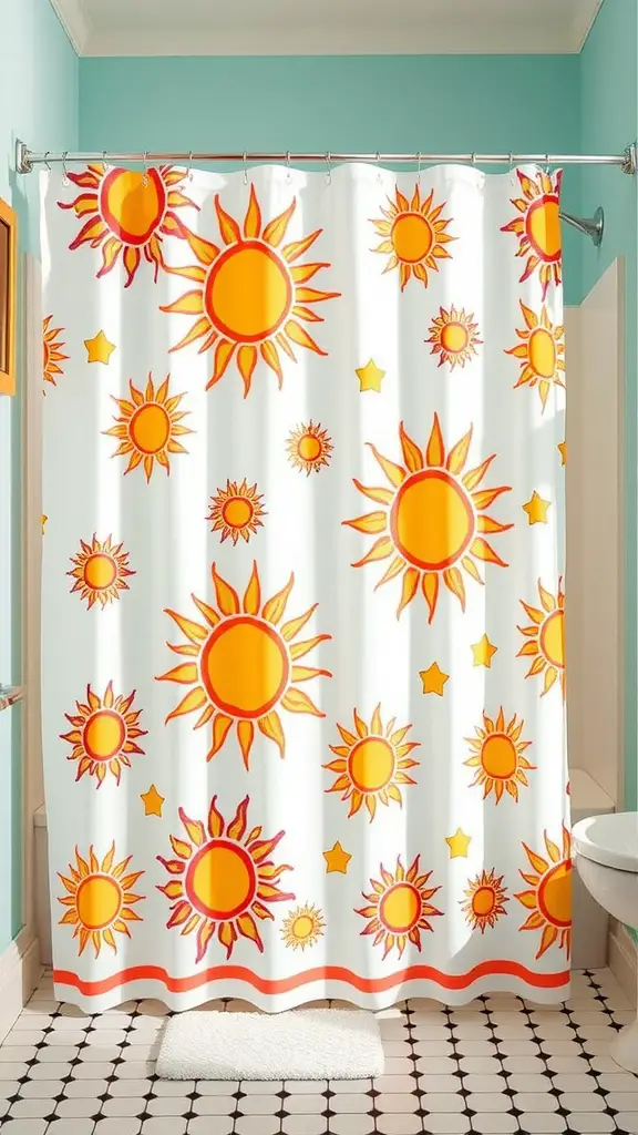 A colorful shower curtain with bright yellow and orange suns on a white background