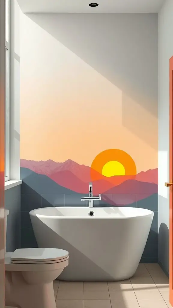 Bathroom with a sunrise-inspired mural featuring a rising sun over mountains.