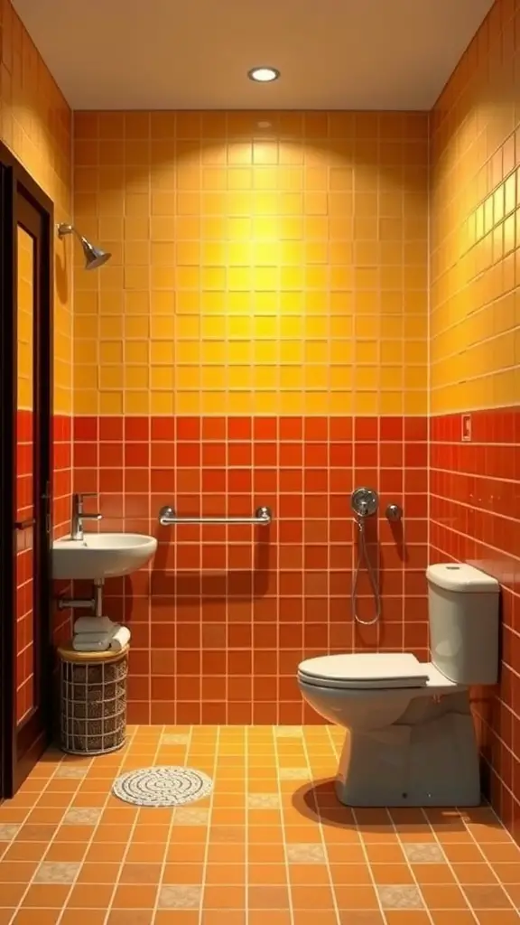 A bathroom with sunrise gradient tile design featuring warm shades of orange and yellow.
